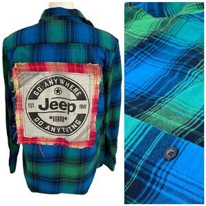 Upcycled Flannel Shirt Womens Medium Shacket Jeep Green Plaid Mechanic Off Road
